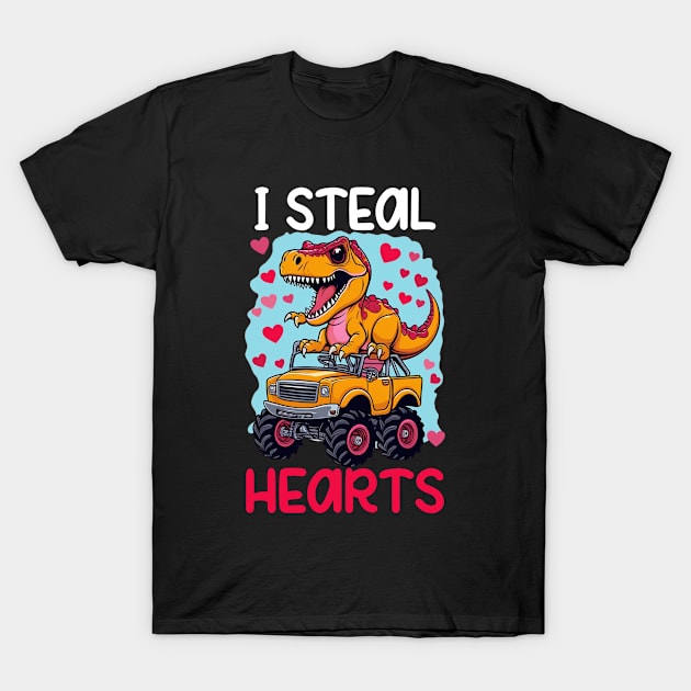 Kids I Steal Hearts Trex Dino Monster Truck Valentines Day T-Shirt by Monosshop